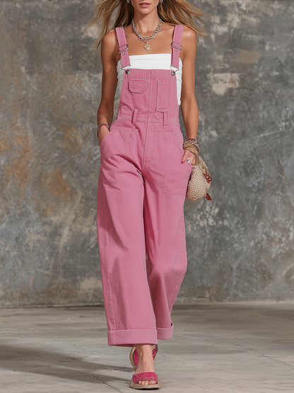 Western Casual Utility Large-pocket Wide-strap Cuffed Wide-leg Overalls