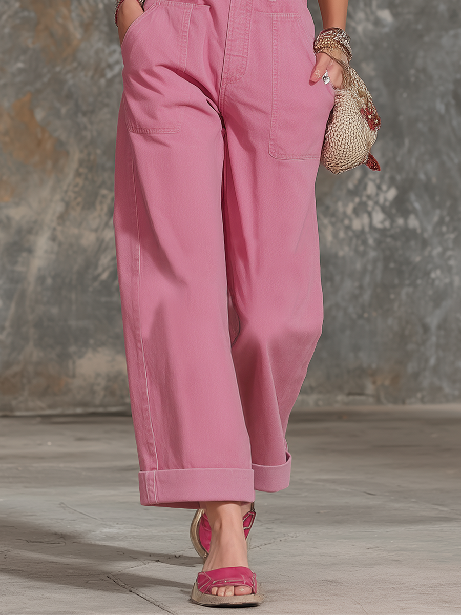 Western Casual Utility Large-pocket Wide-strap Cuffed Wide-leg Overalls