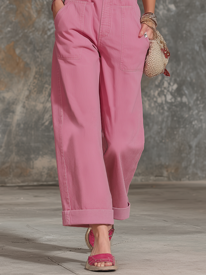 Western Casual Utility Large-pocket Wide-strap Cuffed Wide-leg Overalls