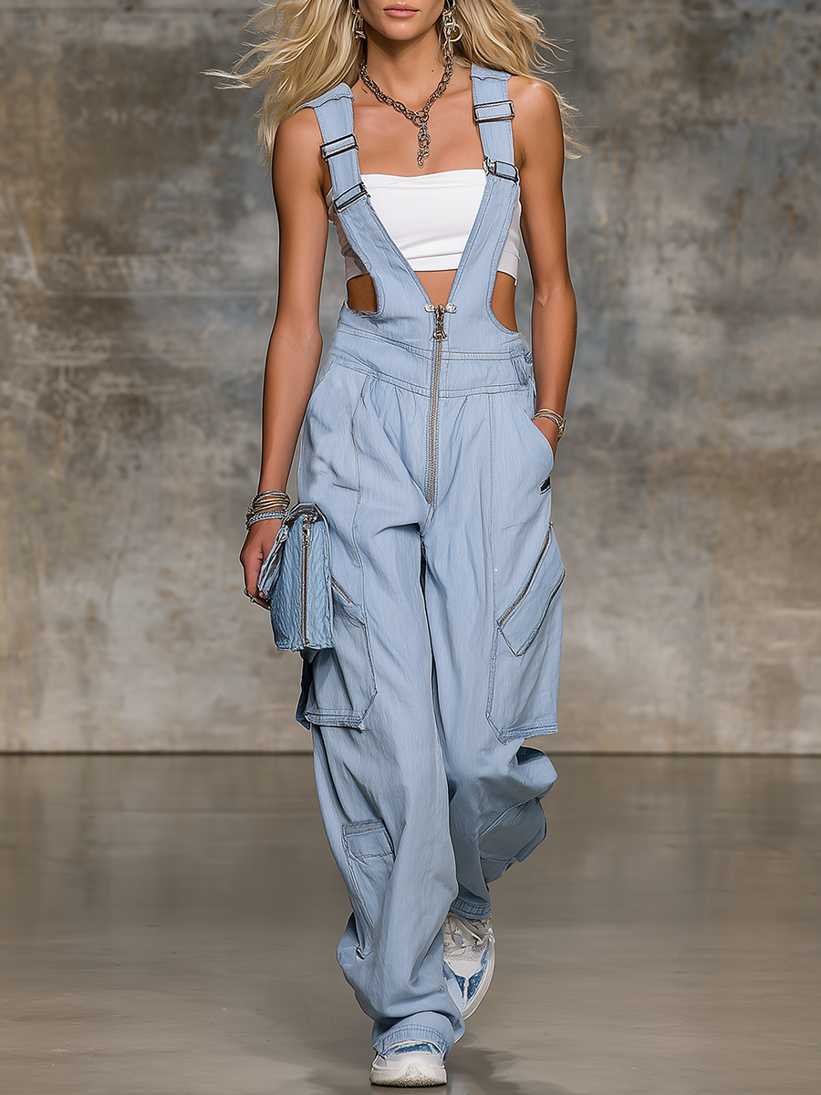 Western Utility Ultra-low Neckline Zip-front Suspender Jumpsuit