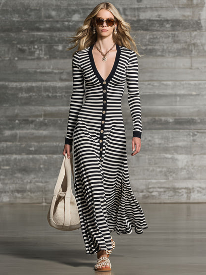 Fashionable Retro Black And White Striped Cotton Long-sleeved Maxi Dress