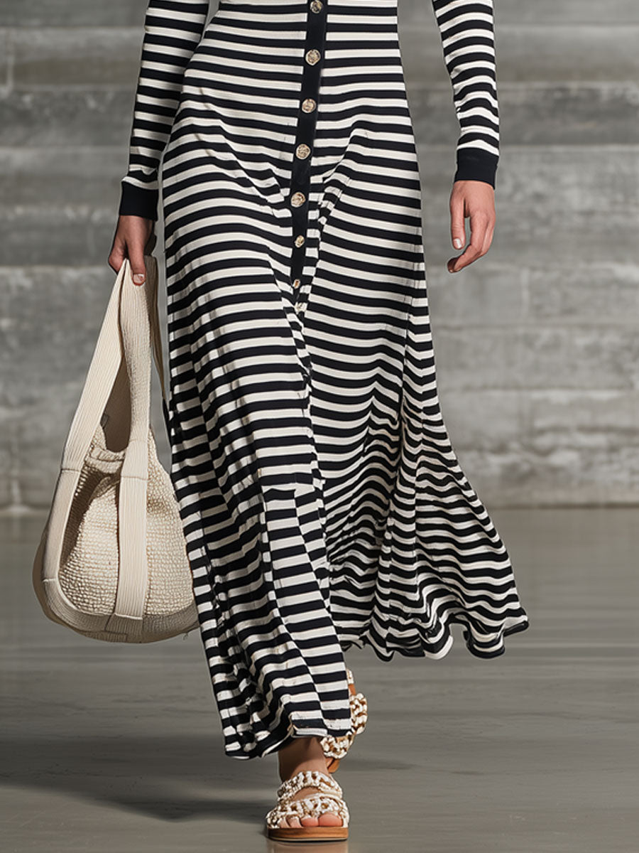 Fashionable Retro Black And White Striped Cotton Long-sleeved Maxi Dress