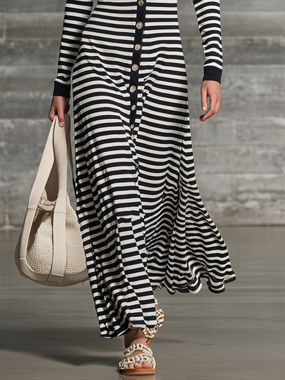 Fashionable Retro Black And White Striped Cotton Long-sleeved Maxi Dress