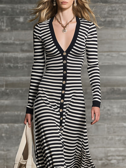 Fashionable Retro Black And White Striped Cotton Long-sleeved Maxi Dress