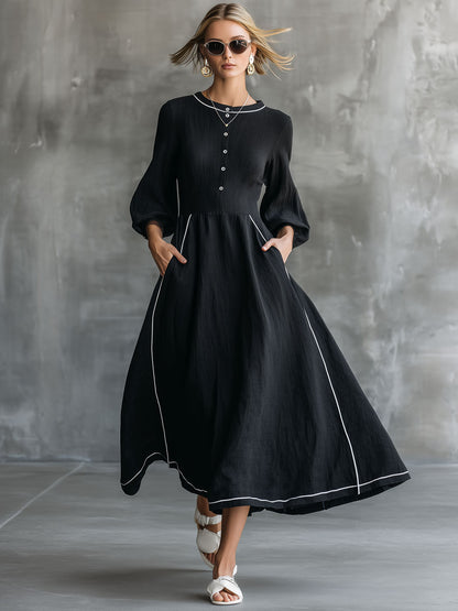 Vintage-style White-trimmed Black Cotton-linen Long-sleeved Midi Dress
