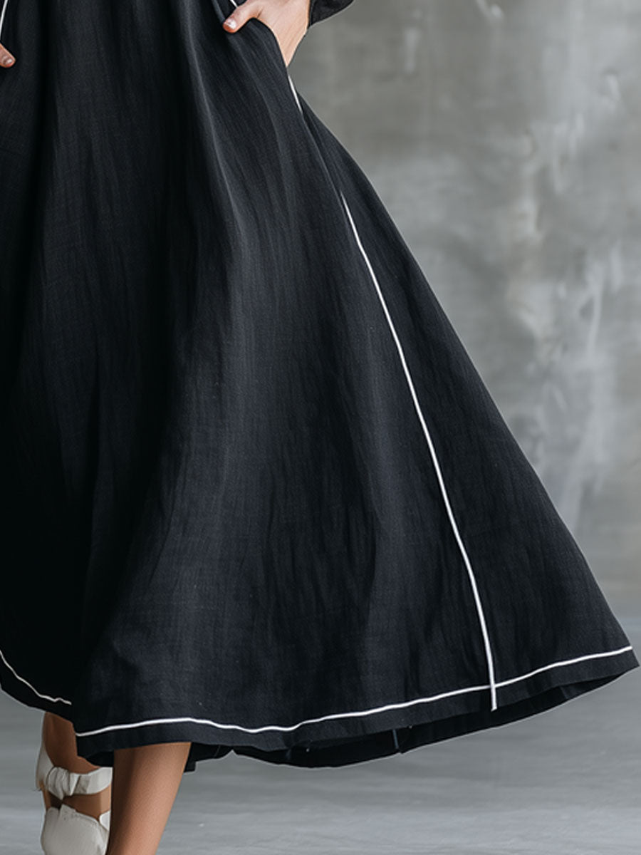 Vintage-style White-trimmed Black Cotton-linen Long-sleeved Midi Dress