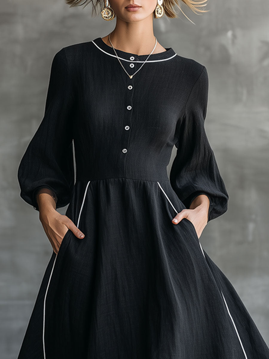 Vintage-style White-trimmed Black Cotton-linen Long-sleeved Midi Dress