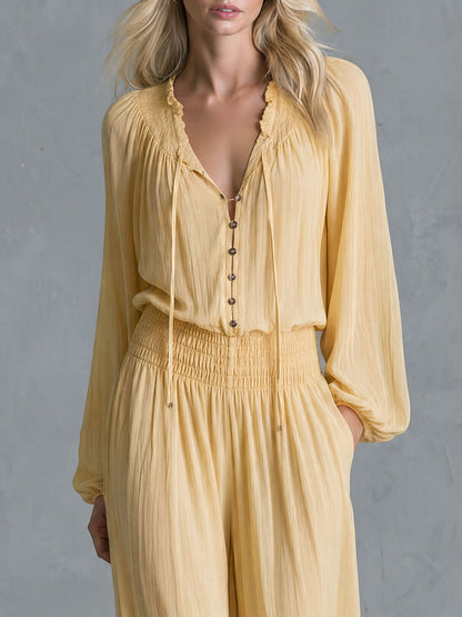 Retro Casual Yellow Long-sleeved Button Cotton Jumpsuit
