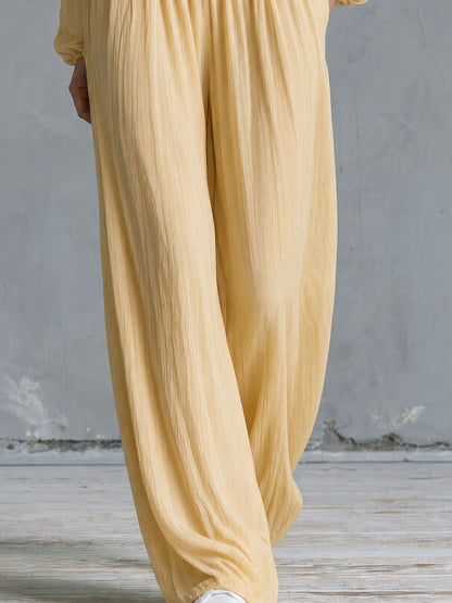 Retro Casual Yellow Long-sleeved Button Cotton Jumpsuit