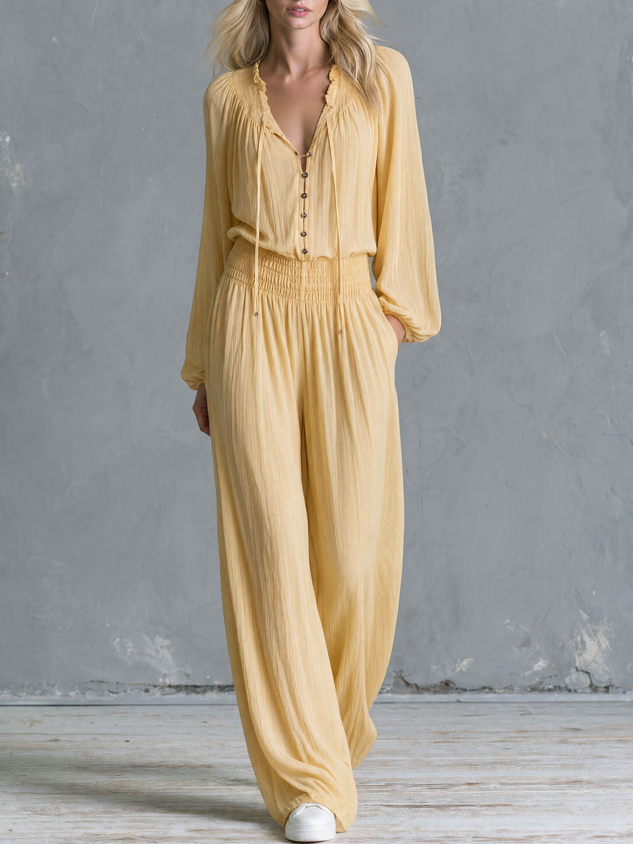 Retro Casual Yellow Long-sleeved Button Cotton Jumpsuit