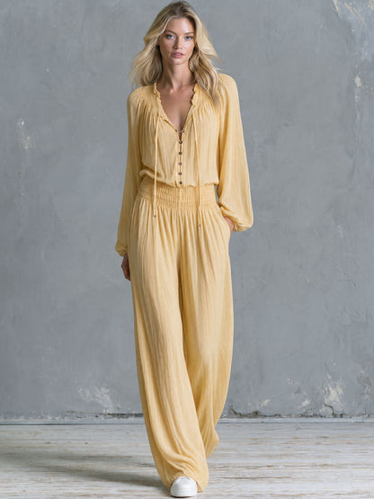 Retro Casual Yellow Long-sleeved Button Cotton Jumpsuit