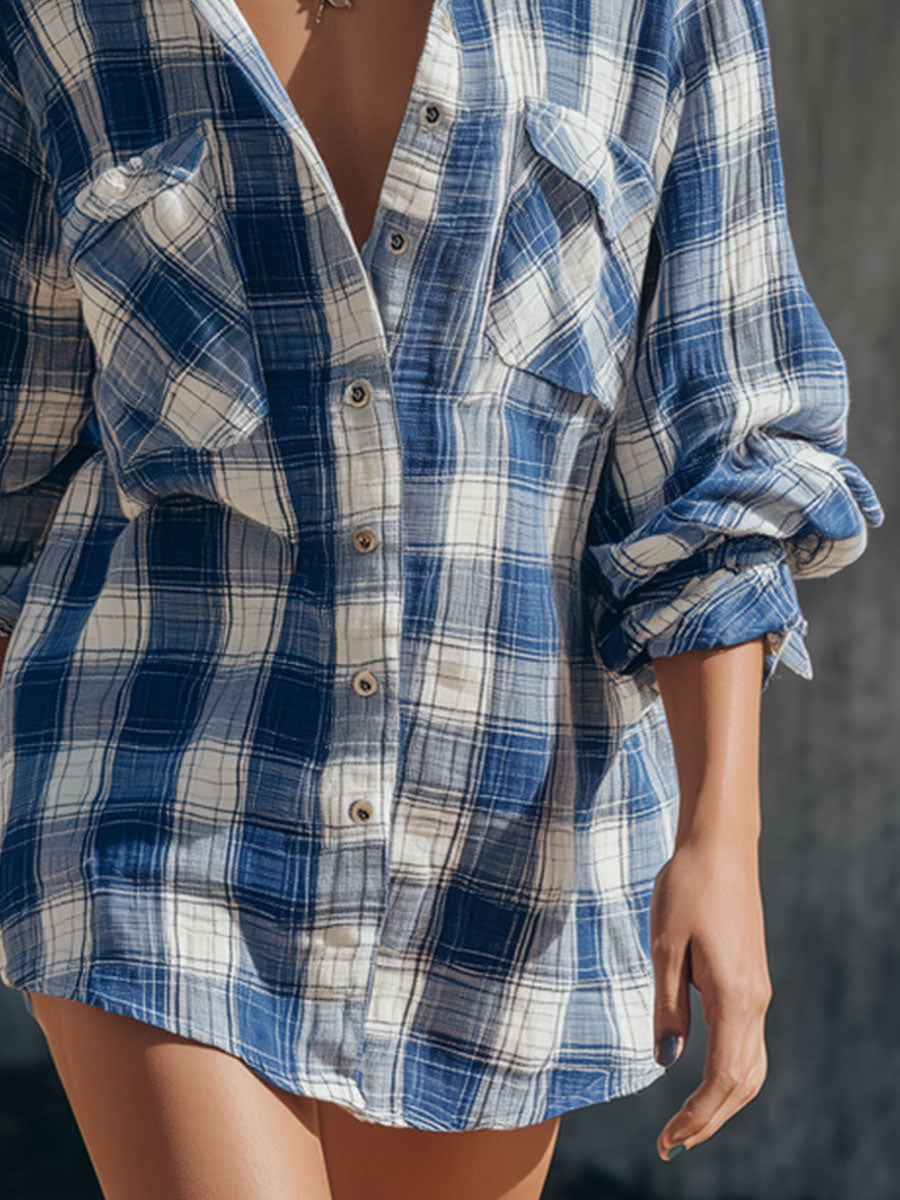 Casual Retro Blue Plaid Cotton Linen Long-sleeved Shirt Dress
