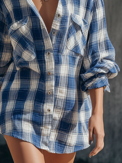 Casual Retro Blue Plaid Cotton Linen Long-sleeved Shirt Dress