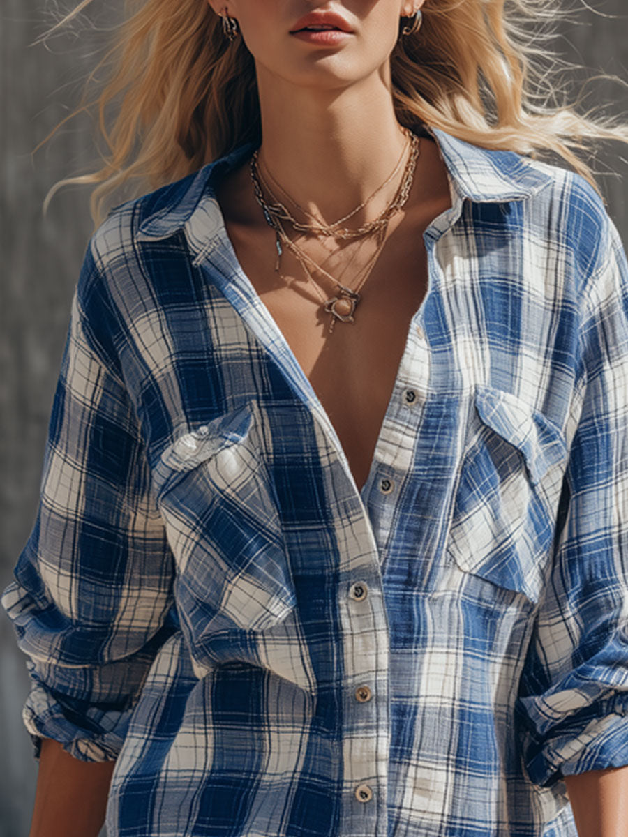 Casual Retro Blue Plaid Cotton Linen Long-sleeved Shirt Dress