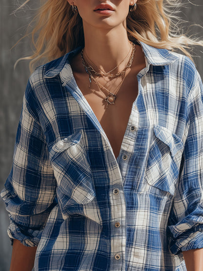 Casual Retro Blue Plaid Cotton Linen Long-sleeved Shirt Dress