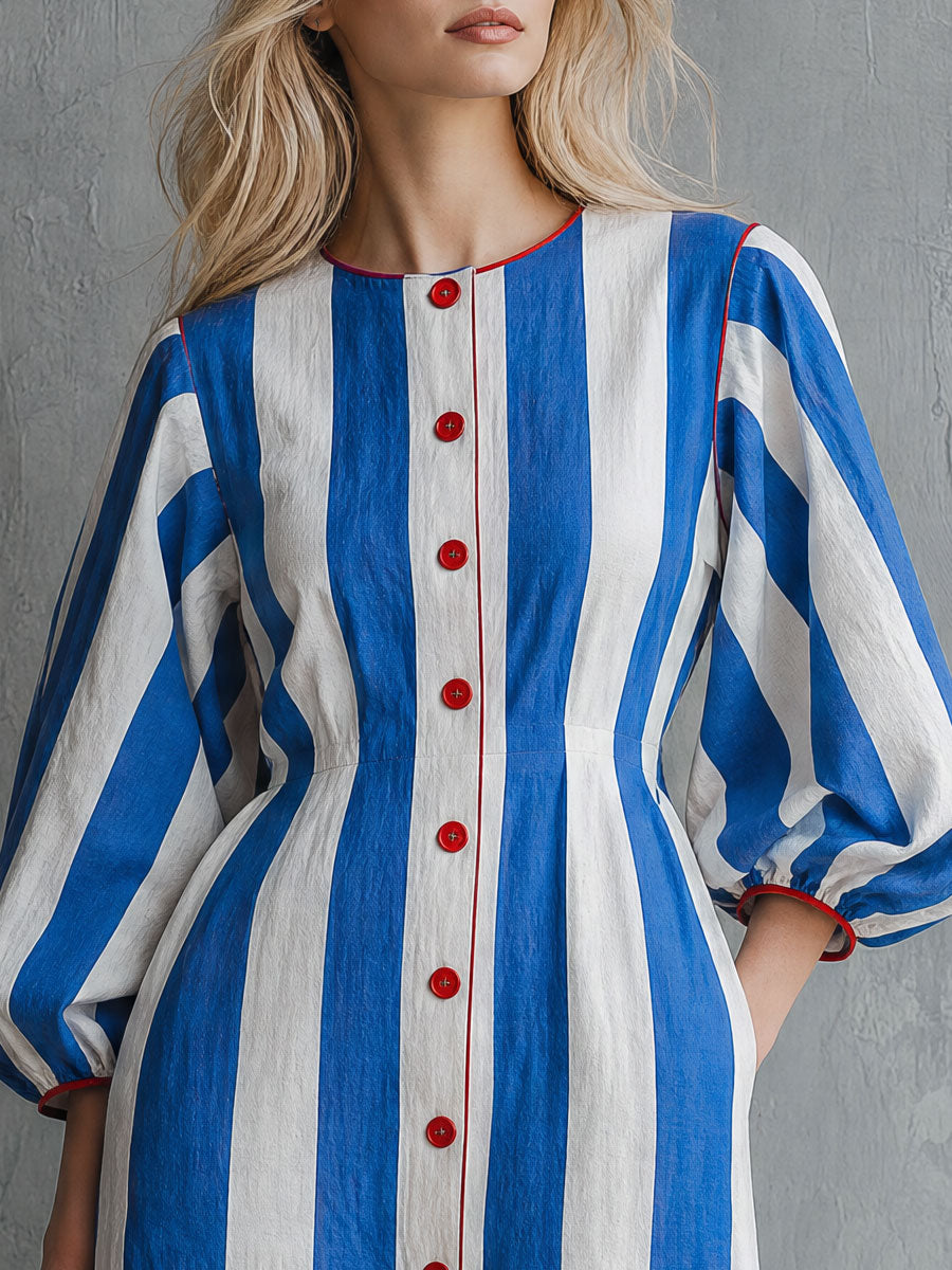 Casual Retro Color-blocked Trim Blue And White Striped Cotton And Linen Mini Dress