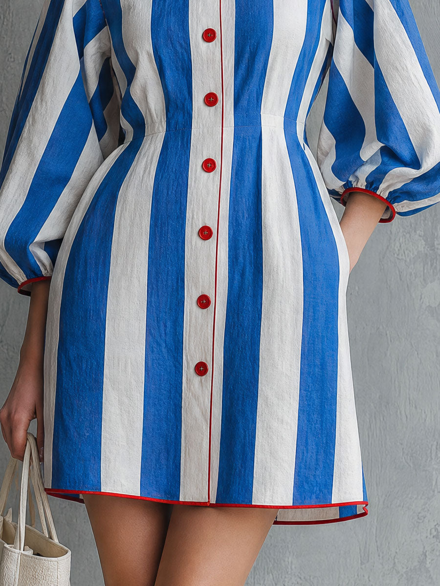 Casual Retro Color-blocked Trim Blue And White Striped Cotton And Linen Mini Dress