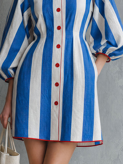 Casual Retro Color-blocked Trim Blue And White Striped Cotton And Linen Mini Dress