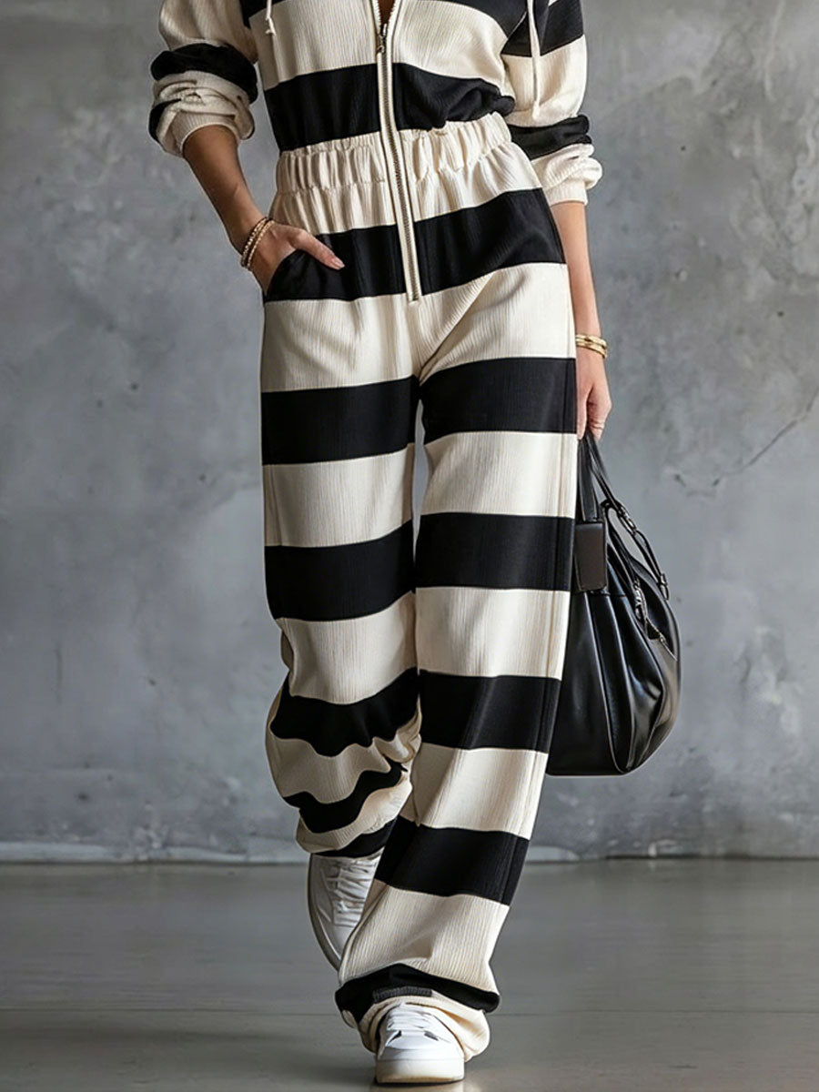 Casual Retro Black Striped Corduroy Long-sleeved Hooded Jumpsuit