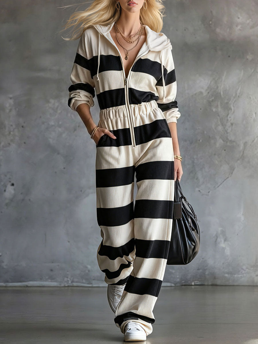 Casual Retro Black Striped Corduroy Long-sleeved Hooded Jumpsuit