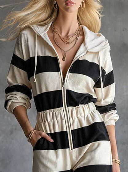 Casual Retro Black Striped Corduroy Long-sleeved Hooded Jumpsuit