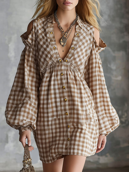 Retro Casual Cut-Out Shoulder Khaki Yarn-Dyed Check Mini Dress