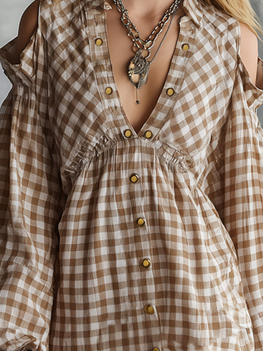 Retro Casual Cut-Out Shoulder Khaki Yarn-Dyed Check Mini Dress