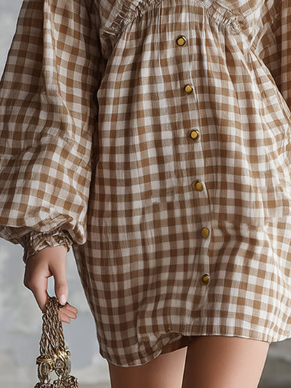 Retro Casual Cut-Out Shoulder Khaki Yarn-Dyed Check Mini Dress