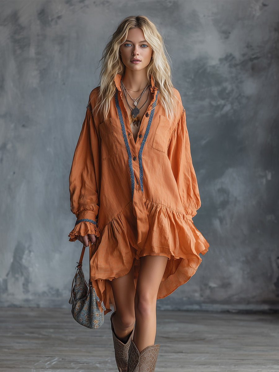 Chic &amp; Casual Lace-Trimmed Orange Cotton-Linen Long-Sleeve Mini Dress