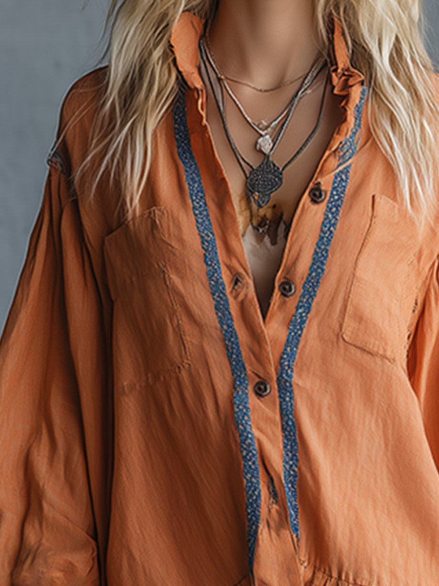 Chic &amp; Casual Lace-Trimmed Orange Cotton-Linen Long-Sleeve Mini Dress
