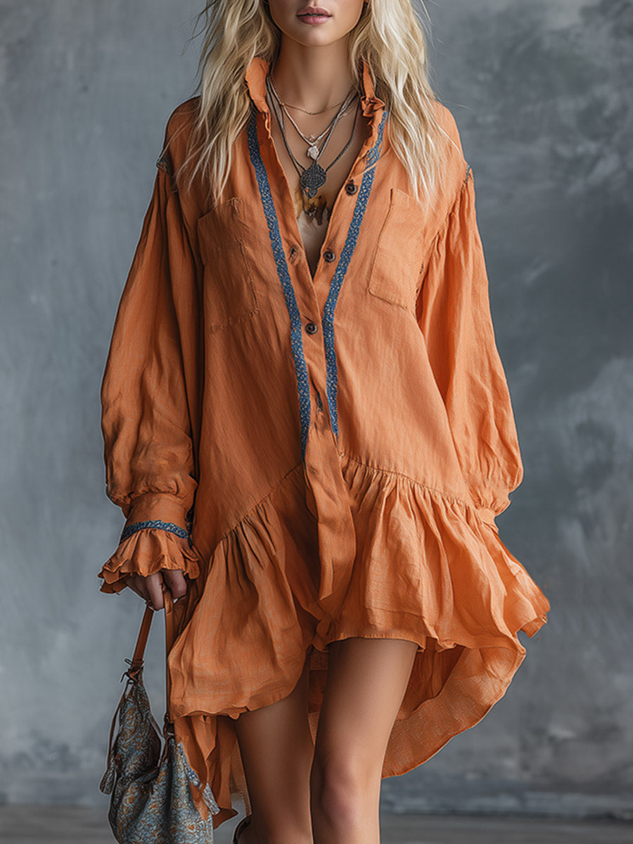 Chic &amp; Casual Lace-Trimmed Orange Cotton-Linen Long-Sleeve Mini Dress