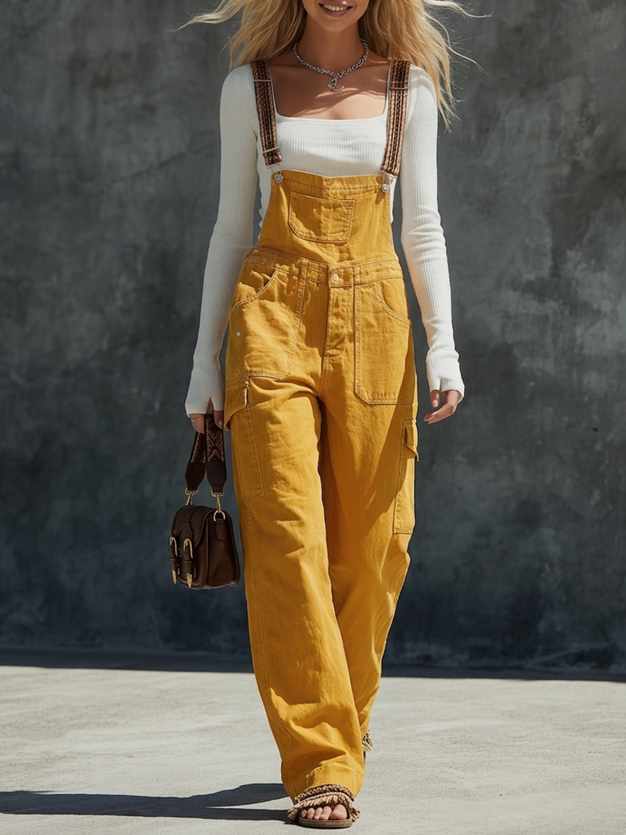 Denim Overalls With Braided Straps  Mustard Yellow Loose-Fit Wide-Leg Bohemian Utility Jumpsuit With Multiple Pockets