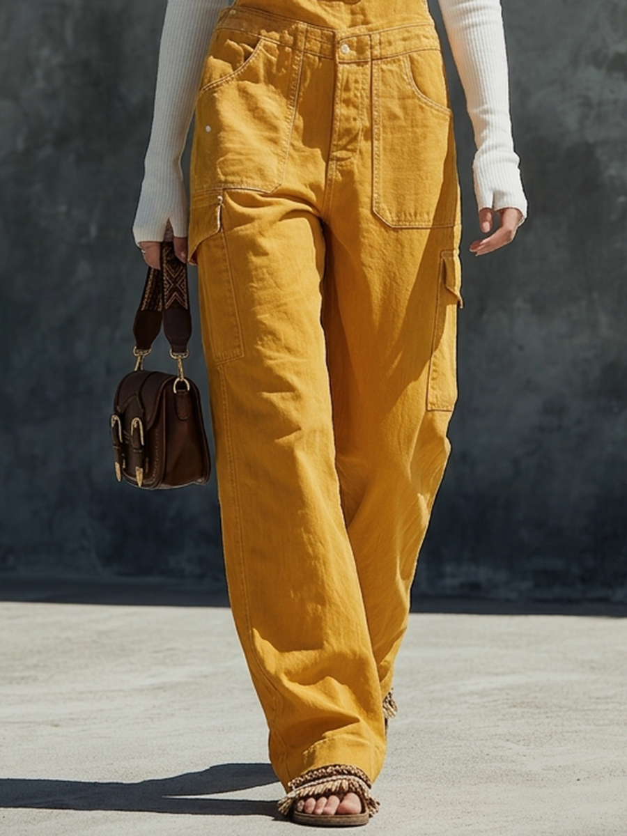 Denim Overalls With Braided Straps  Mustard Yellow Loose-Fit Wide-Leg Bohemian Utility Jumpsuit With Multiple Pockets