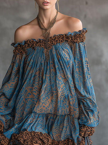 Elegant Retro Leopard Print Blue Chiffon Long-sleeved Mini Dress