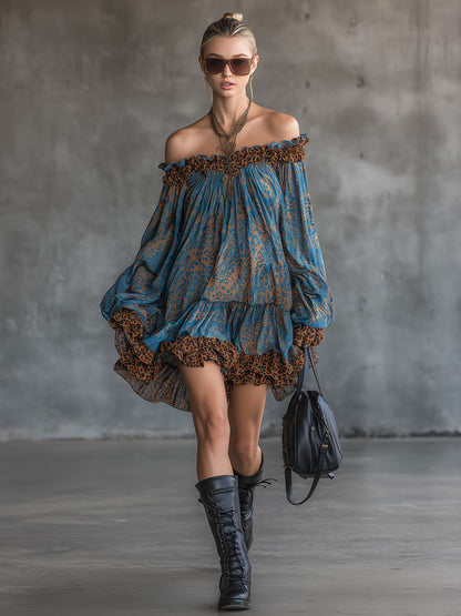 Elegant Retro Leopard Print Blue Chiffon Long-sleeved Mini Dress