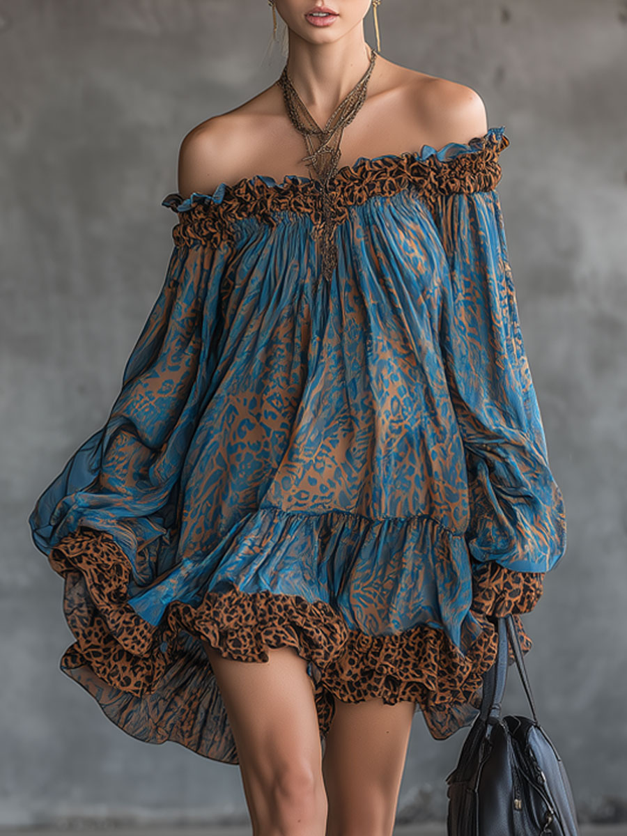 Elegant Retro Leopard Print Blue Chiffon Long-sleeved Mini Dress