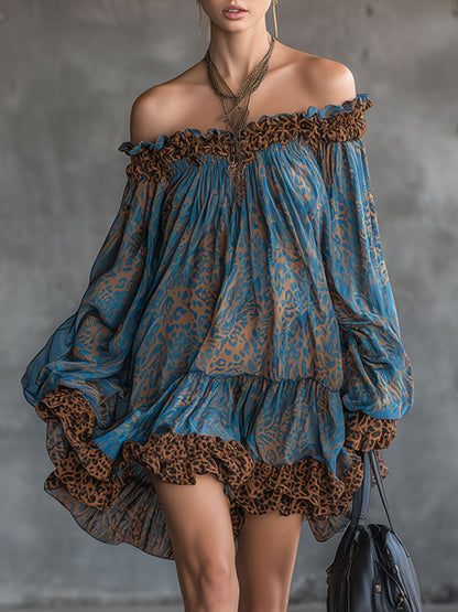 Elegant Retro Leopard Print Blue Chiffon Long-sleeved Mini Dress