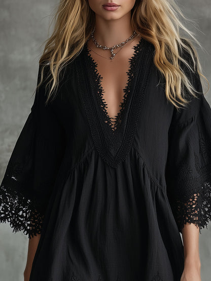 Casual Retro Lace Trim Black V-neck Three-quarter Sleeve Cotton Linen Mini Dress