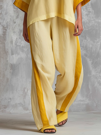 Retro-casual Elegant Yellow Color-block Cotton-linen Set