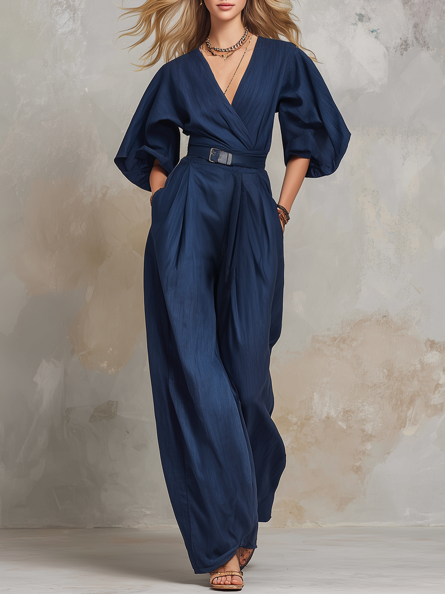 Retro-casual Elegant Blue Cotton-linen Jumpsuit