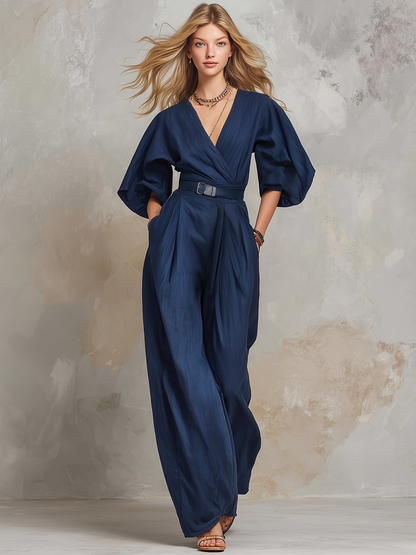 Retro-casual Elegant Blue Cotton-linen Jumpsuit