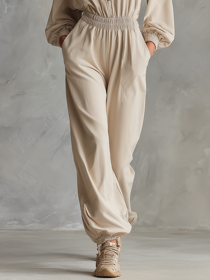 Beige Smocked Jumpsuit – Retro Casual And Elegant Style