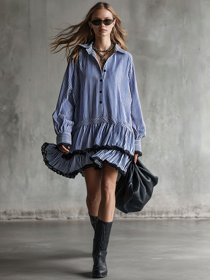 Fashionable Retro Lace-trimmed Blue Striped Long-sleeved Mini Dress