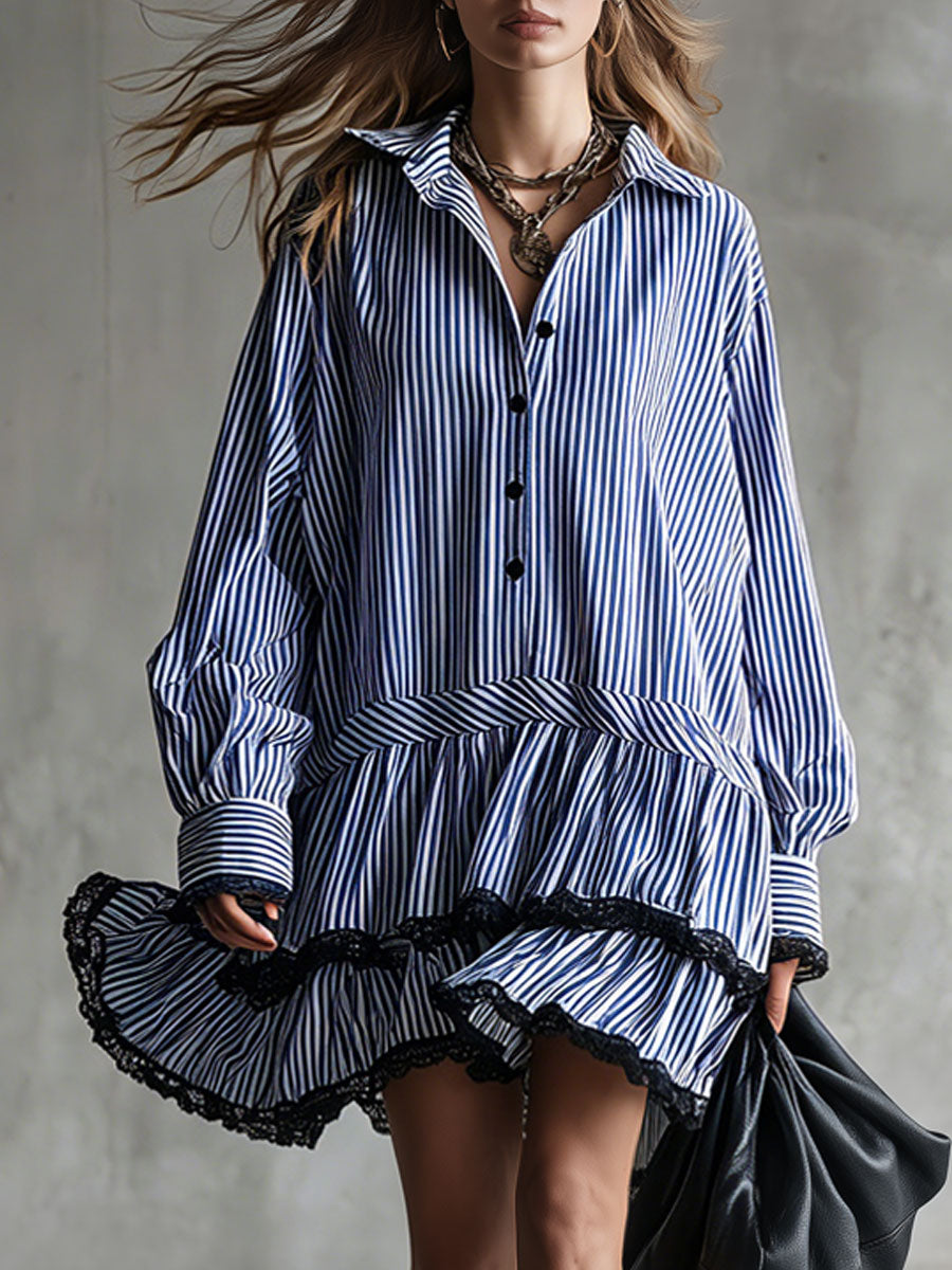 Fashionable Retro Lace-trimmed Blue Striped Long-sleeved Mini Dress