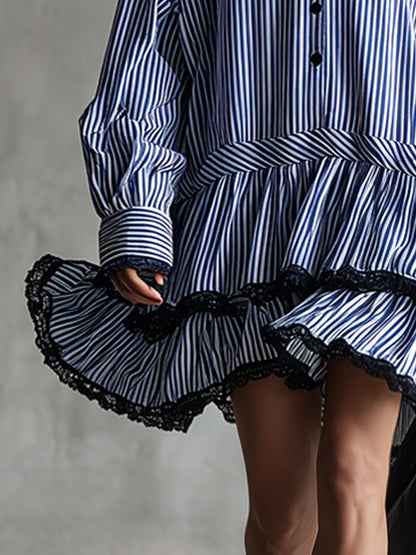 Fashionable Retro Lace-trimmed Blue Striped Long-sleeved Mini Dress