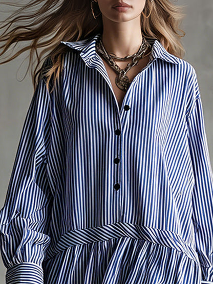 Fashionable Retro Lace-trimmed Blue Striped Long-sleeved Mini Dress