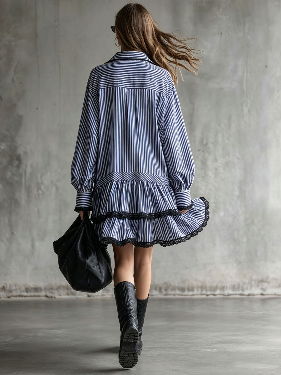 Fashionable Retro Lace-trimmed Blue Striped Long-sleeved Mini Dress