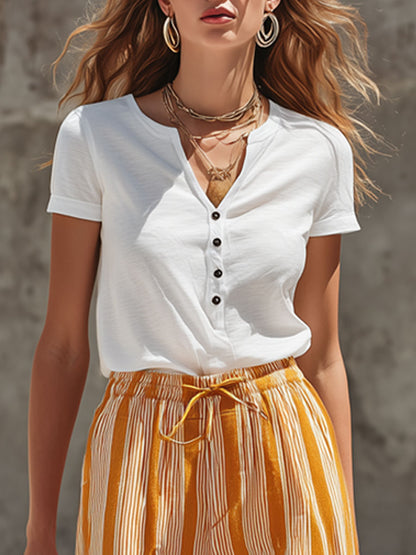 Fashionable Retro Short-sleeved T-shirt And Yellow Striped Cotton Linen Pants Set