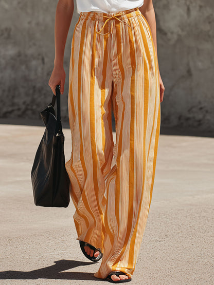 Fashionable Retro Short-sleeved T-shirt And Yellow Striped Cotton Linen Pants Set
