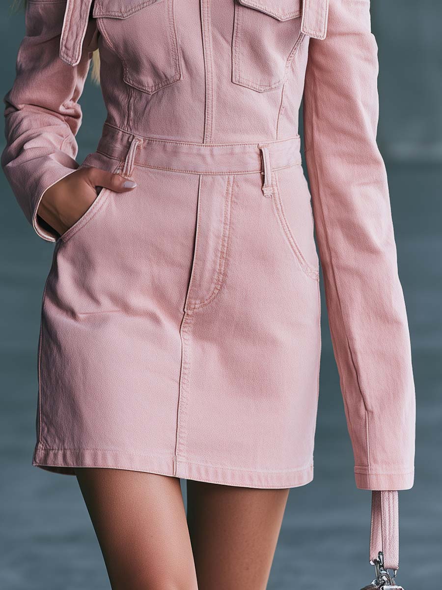 Blush Pink Off-Shoulder Buckle Strap Denim Mini Dress